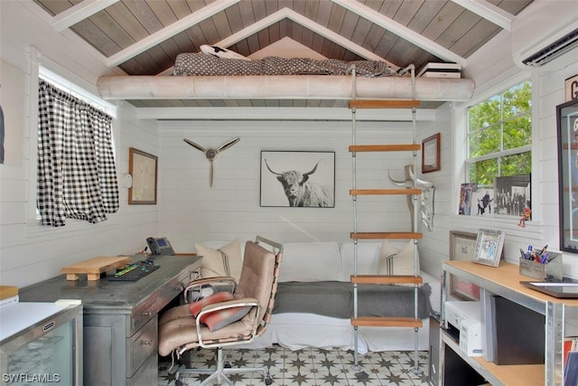 office area featuring a wall mounted AC, wooden ceiling, and wooden walls