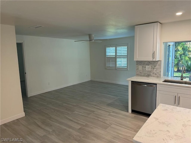 kitchen with sink, plenty of natural light, tasteful backsplash, white cabinets, and stainless steel dishwasher