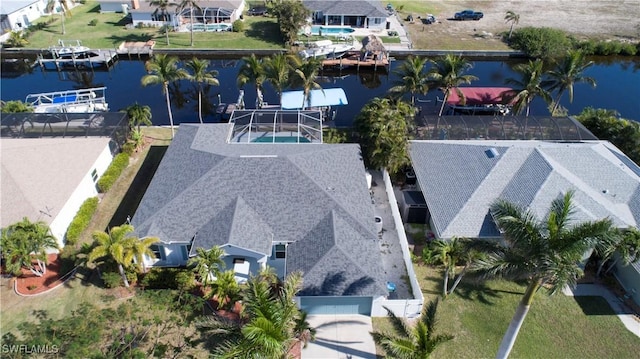 aerial view featuring a water view