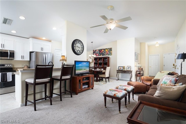 10038 Oakhurst Way, Fort Myers, FL 33913 - living area featuring light carpet, ceiling fan, vaulted ceiling, recessed lighting, and baseboards