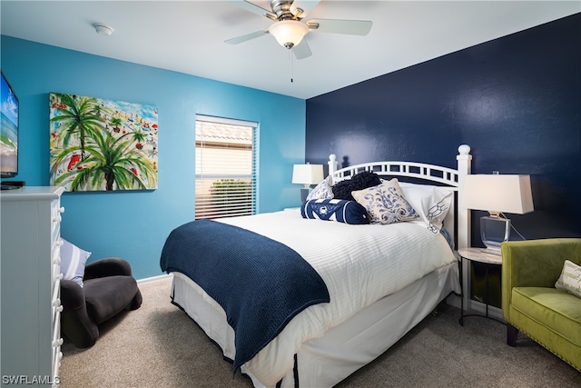 bedroom featuring ceiling fan and carpet floors