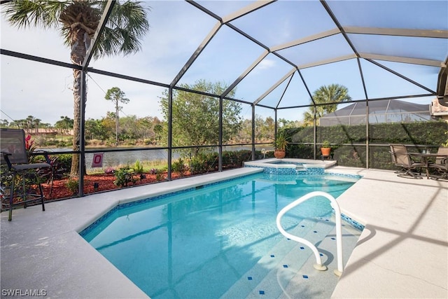 10038 Oakhurst Way, Fort Myers, FL 33913 - view of pool featuring a patio, a pool with connected hot tub, and glass enclosure