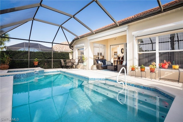 10038 Oakhurst Way, Fort Myers, FL 33913 - view of pool featuring an outdoor hangout area, a patio, a pool with connected hot tub, and a lanai