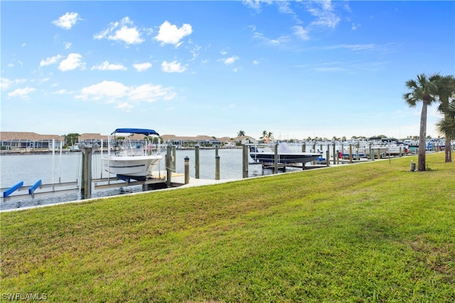 dock area with a lawn and a water view