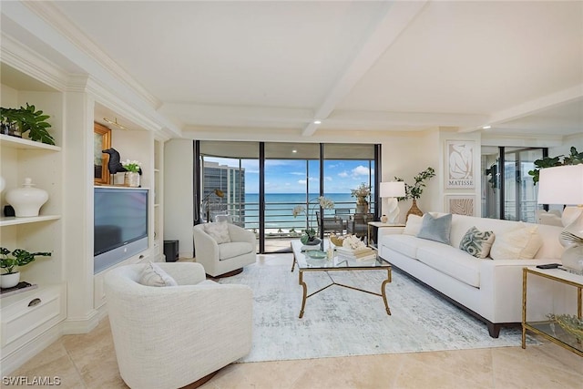 living room with built in shelves, floor to ceiling windows, crown molding, and beam ceiling