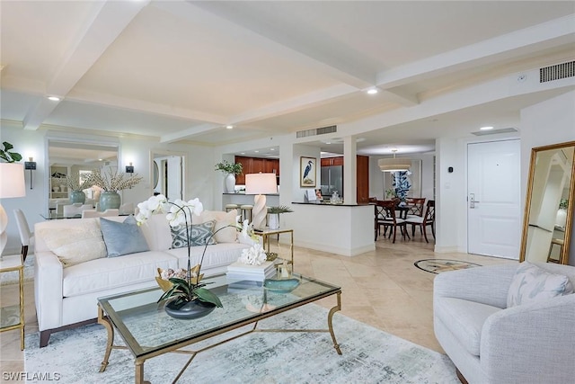 living room featuring beam ceiling