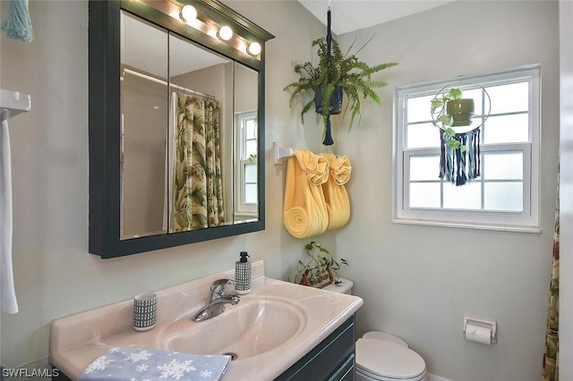 bathroom featuring vanity, toilet, and walk in shower