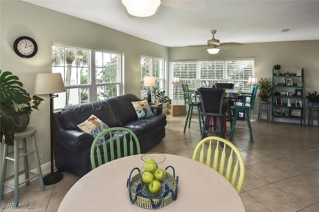 dining area featuring tile patterned flooring, plenty of natural light, and ceiling fan