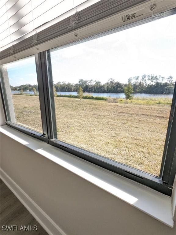 details featuring hardwood / wood-style floors and a water view