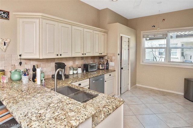 kitchen featuring decorative backsplash, light stone counters, stainless steel dishwasher, and sink