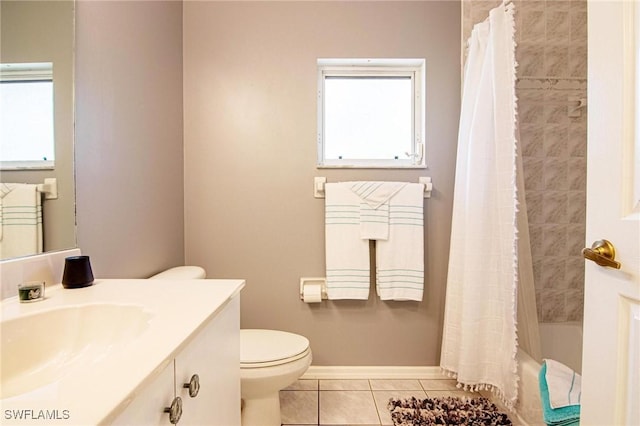 full bathroom with toilet, shower / bath combination with curtain, vanity, and tile patterned floors