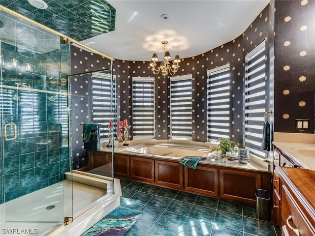 4630 SE 20th Ave, Cape Coral, FL 33904 - bathroom with tile patterned flooring, vanity, separate shower and tub, and a chandelier