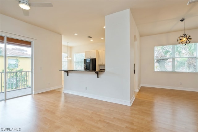 interior space featuring light hardwood / wood-style floors, ceiling fan with notable chandelier, and a wealth of natural light