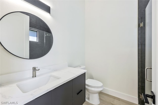 bathroom with vanity, wood-type flooring, and toilet