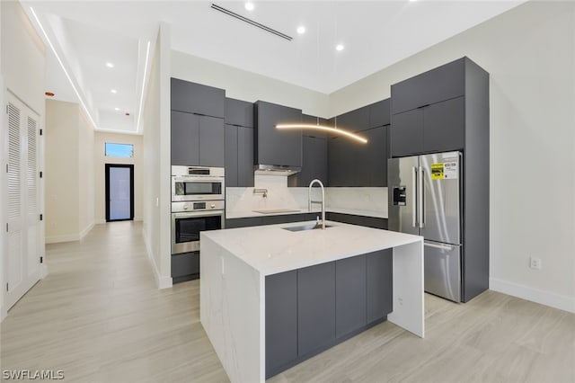 kitchen featuring a kitchen island with sink, sink, stainless steel appliances, and light hardwood / wood-style floors