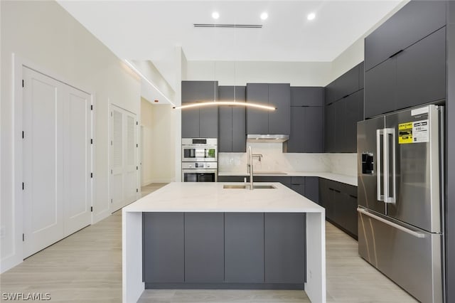 kitchen featuring sink, light stone counters, appliances with stainless steel finishes, a kitchen island with sink, and decorative backsplash