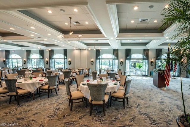 dining room featuring coffered ceiling, carpet flooring, a healthy amount of sunlight, and crown molding