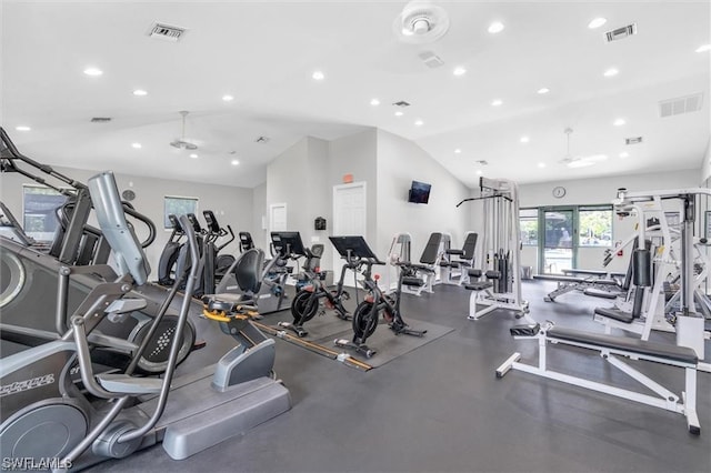 exercise room featuring lofted ceiling