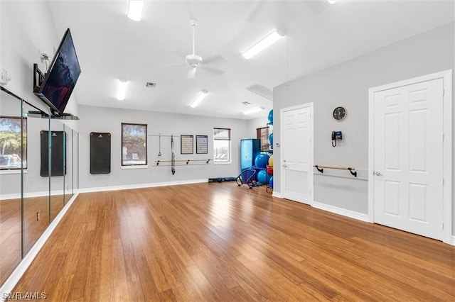 interior space featuring ceiling fan and light hardwood / wood-style floors