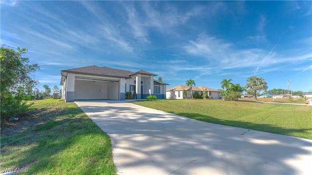 ranch-style house with a front yard and a garage