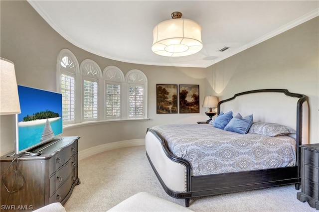 bedroom featuring light colored carpet and ornamental molding