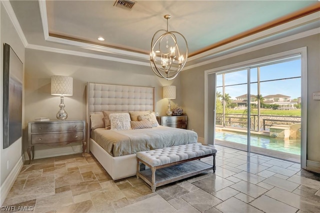 bedroom featuring a notable chandelier, access to exterior, crown molding, and a tray ceiling