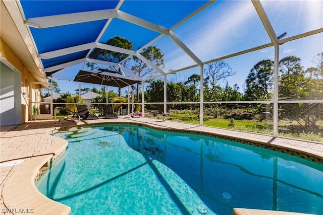 view of pool featuring a patio and glass enclosure