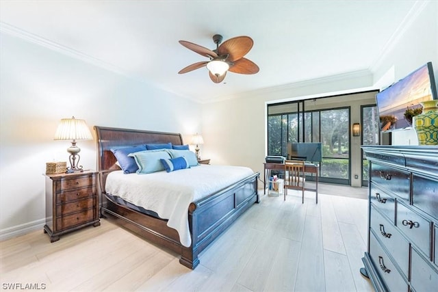 bedroom featuring crown molding, ceiling fan, and light hardwood / wood-style flooring