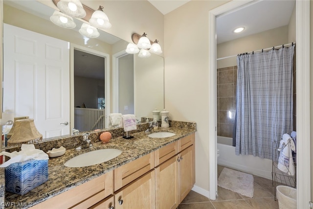 full bathroom with shower / bath combination with curtain, toilet, double sink vanity, and tile flooring