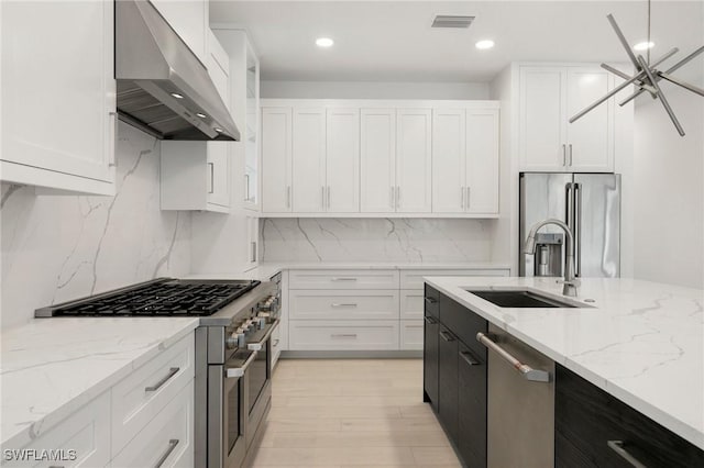 375 Periwinkle Ct, Marco Island, FL 34145 - kitchen featuring a sink, white cabinetry, visible vents, under cabinet range hood, and appliances with stainless steel finishes