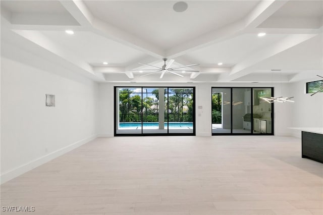 375 Periwinkle Ct, Marco Island, FL 34145 - empty room with recessed lighting, light wood-style flooring, beamed ceiling, coffered ceiling, and baseboards