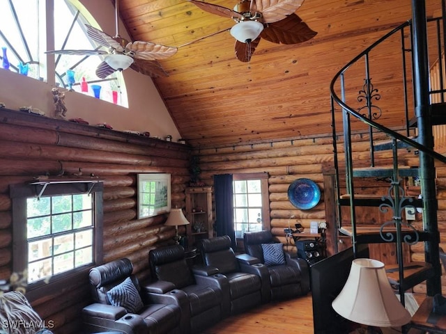 home theater featuring log walls, high vaulted ceiling, wooden ceiling, and ceiling fan