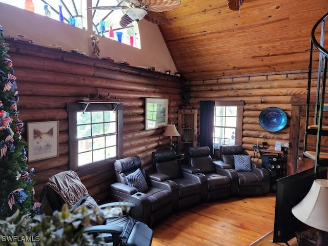 interior space with log walls, high vaulted ceiling, wooden ceiling, and ceiling fan