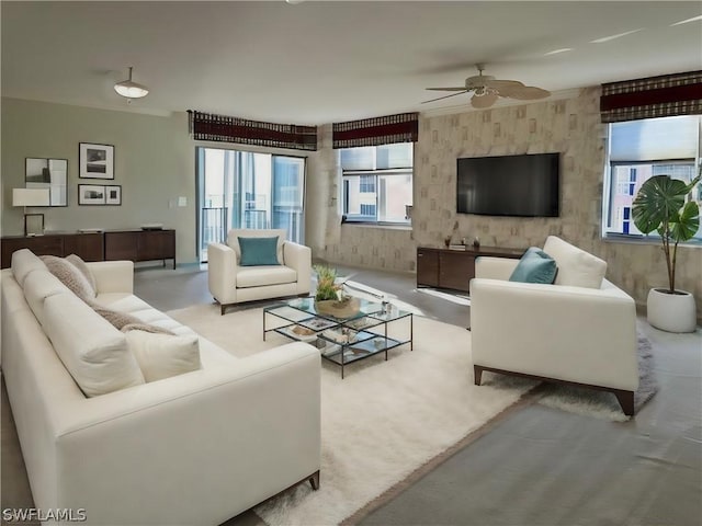 living room featuring ceiling fan