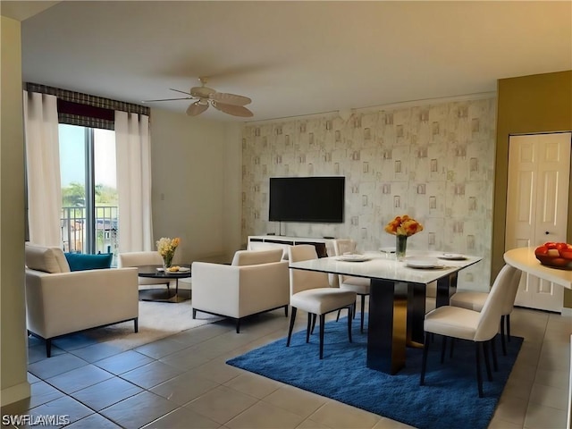 tiled living room featuring ceiling fan