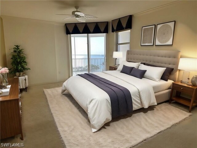 bedroom featuring ceiling fan, light colored carpet, crown molding, and access to outside