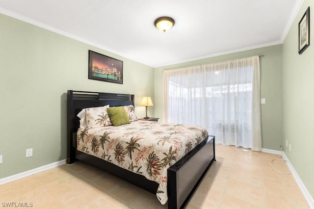 tiled bedroom featuring crown molding