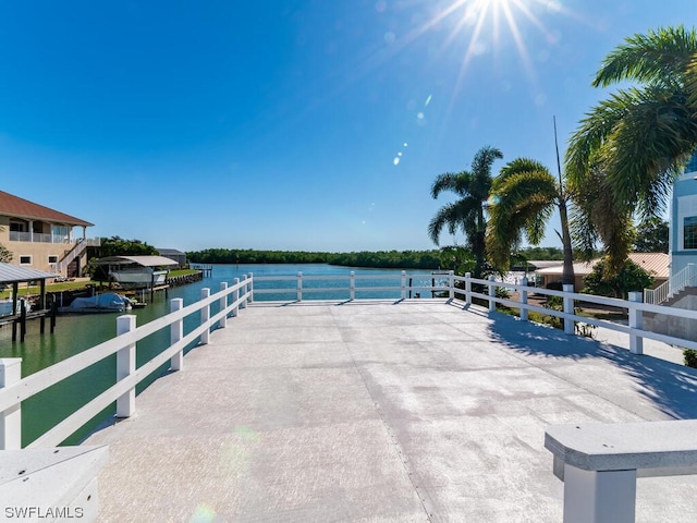 exterior space with a water view