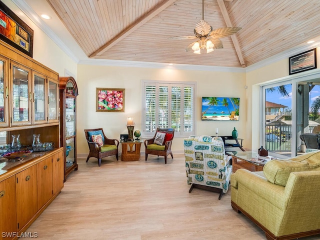 living area featuring ceiling fan, light wood-type flooring, lofted ceiling, wood ceiling, and ornamental molding