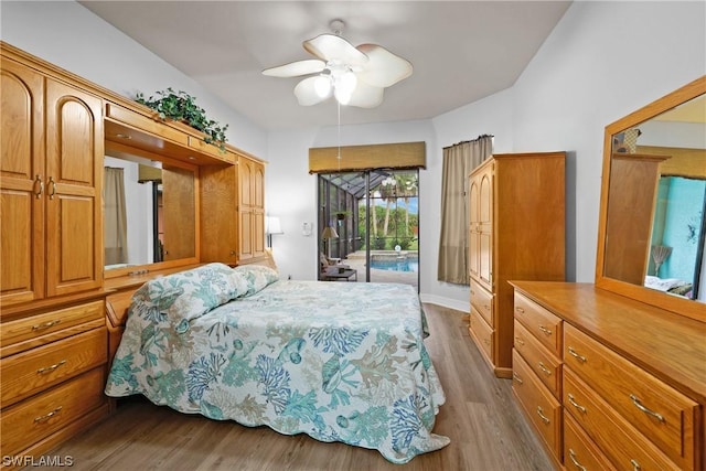 bedroom featuring access to outside, ceiling fan, and light hardwood / wood-style flooring