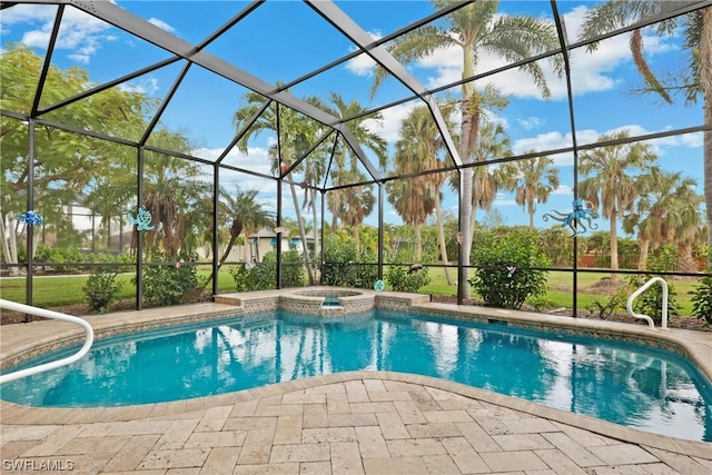 view of pool featuring an in ground hot tub and glass enclosure