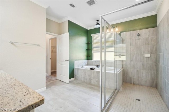 bathroom featuring crown molding, tile patterned flooring, and plus walk in shower