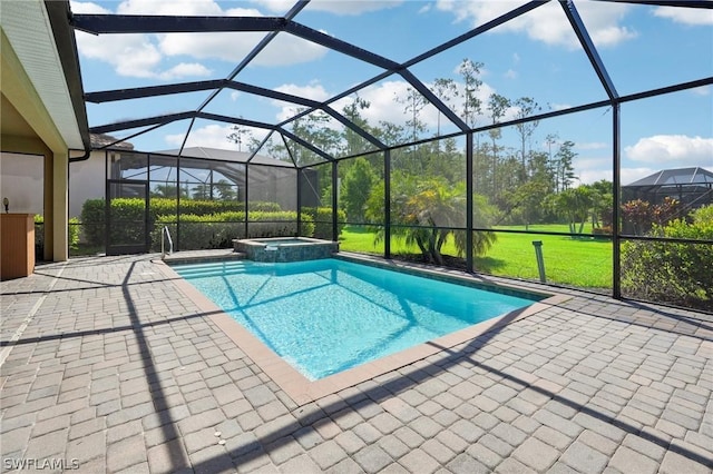 view of pool featuring a lawn, a patio area, a lanai, and an in ground hot tub