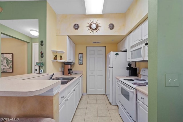 kitchen featuring sink, white cabinets, white appliances, and kitchen peninsula