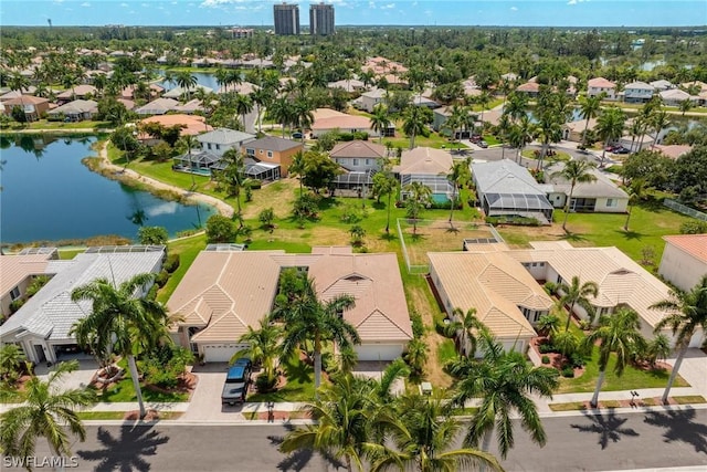 bird's eye view with a water view