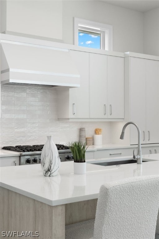 kitchen with backsplash, sink, custom range hood, and white cabinets