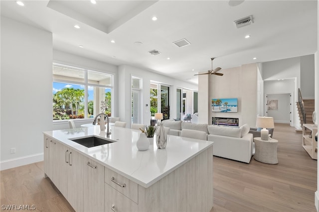 kitchen with ceiling fan, sink, light hardwood / wood-style flooring, and a center island with sink