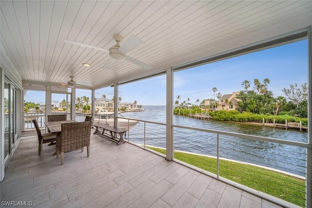 sunroom / solarium with a water view, wood ceiling, and ceiling fan