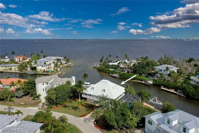 aerial view featuring a water view