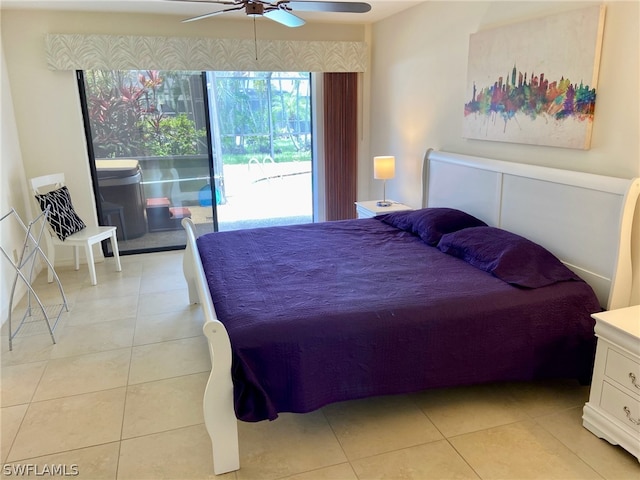 tiled bedroom with ceiling fan and access to outside